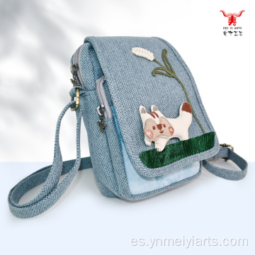 Mei Yi Arts Bolso bandolera con tapa abatible para gatitos de algodón y lino